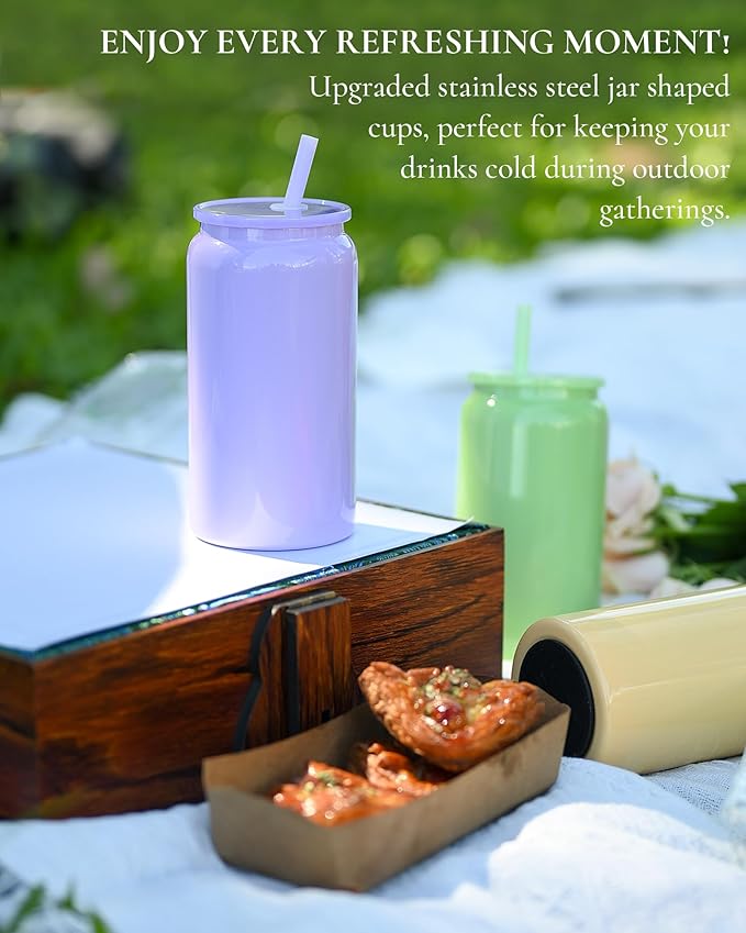 6 Pack Glass Cups With Lids and Straws, 16oz Stainless Steel Cup for Beer, Iced Coffee, Smoothie, Whiskey, Soda, Tea, Water - Sublimation With Coaster