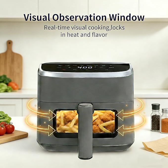 HealSmart 4 Qt Air Fryer with Visible Window, 8-in-1 Digital Airfryer with Interior Light, 1500W, Nonstick Dishwasher-Safe Basket for Fries, Bake, Wings, 60-Min Timer, Grey