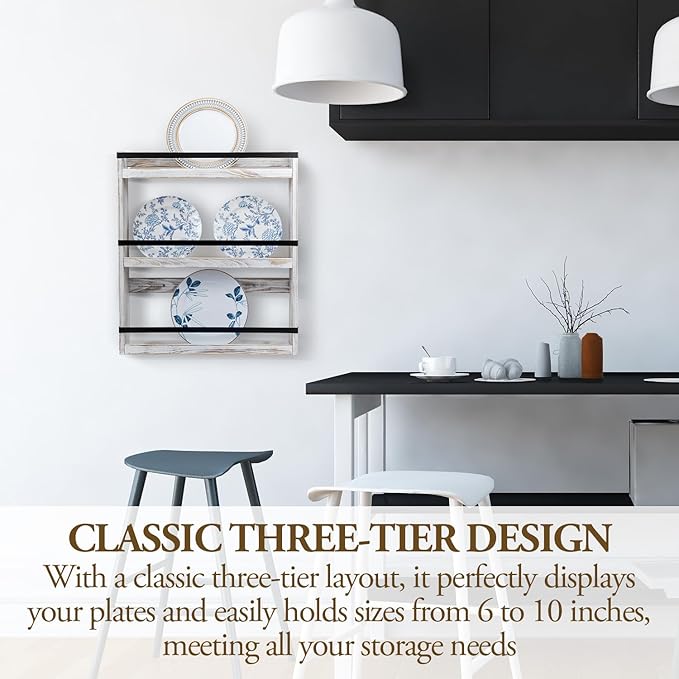MyGift Wall Plate Display Rack, 3 Tier Farmhouse Whitewashed Wood Wall Mounted Plate Storage Rack, Holds 6-10inch Plates