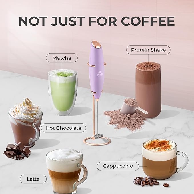 Zulay Kitchen Powerful Milk Frother Wand With 4 AA Duracell Batteries - Ultra Fast Handheld Drink Mixer - Electric Whisk Foam Maker for Coffee, Lattes, Cappuccino, Matcha & Creamer - Lilac & Rose Gold