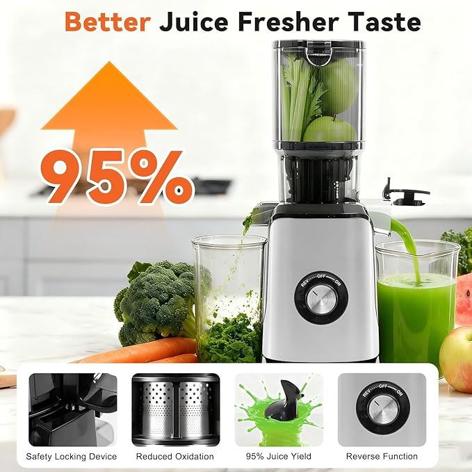 NEWBULIG Cold Press Juicer Machines, Masticating Juicer with High Juice Yield, Reverse Function, Stops Oxidation and Easy to Clean for Vegetables & Fruits, Silver