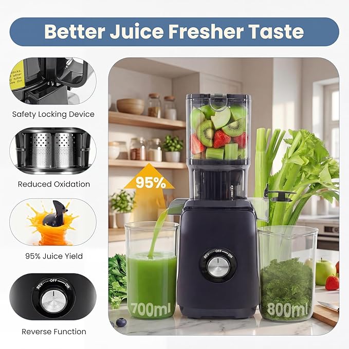 DUMOS Masticating Juicer Machines, Cold Press Juicer with 4.25" Wide Feed Chute, High Juice Yield for Whole Vegetables & Fruits, Easy to Clean, Black