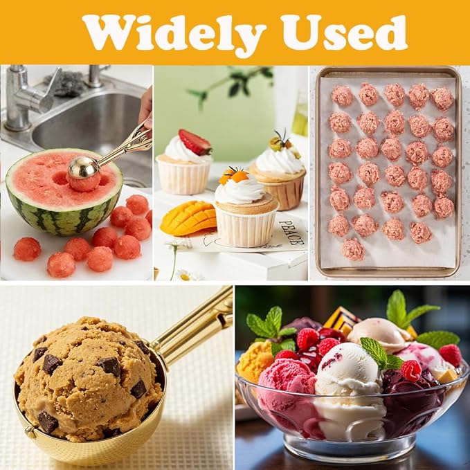 Gold Ice Cream Scoop 304 Stainless Steel Cookie Scoops for Baking Melon Baller with Trigger 3 Sizes (Rose Gold, S/M/L)