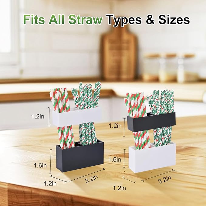 Adjustable 2-Part Acrylic Straw Holder for Cabinet Doors (2 Pack), Reusable Straw Organizer with Ultra-Sticky Adhesive, Small Kitchen Accessories Container (Black and White)