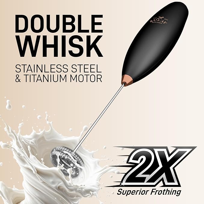 Zulay Double Whisk Milk Frother Handheld Mixer - High Powered Frother For Coffee With Improved Motor - Milk Frother Electric Whisk Drink Mixer For Cappuccino, Frappe, Matcha, Twin Whisk - Black/Copper