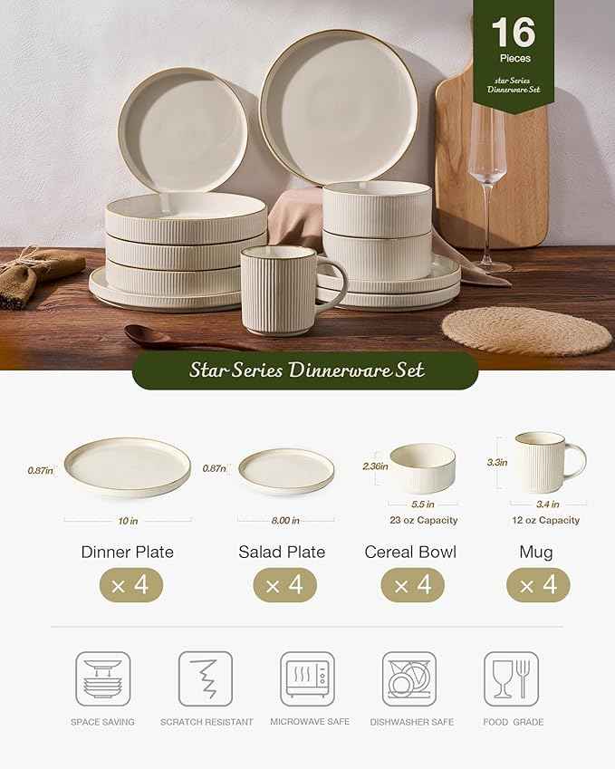 Famiware Star Dinnerware Set with Mugs, Service for 4 (16pcs), Ribbed Stoneware Plates and Bowls Dishes Sets with Trim - Chip & Scratch Resistant, Microwave & Dishwasher Safe, White