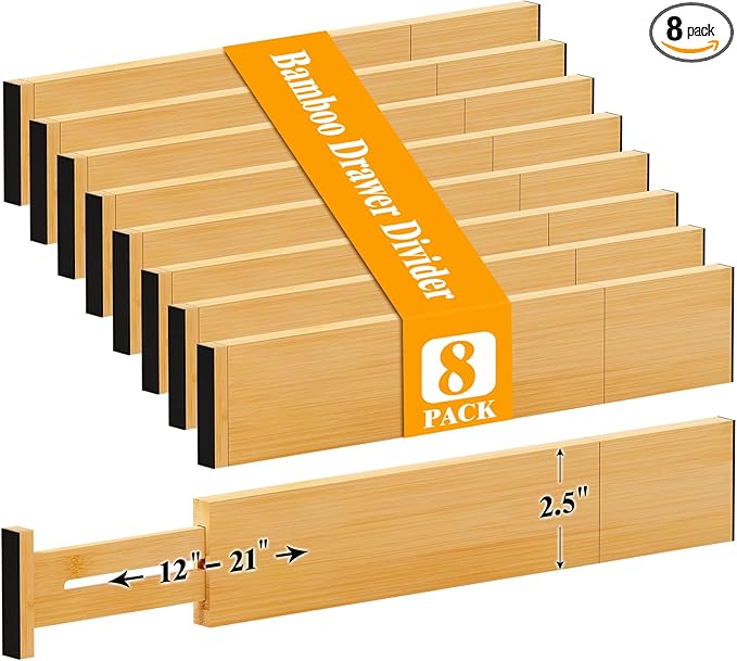 Bamboo Drawer Dividers,12-21" Adjustable Drawer Organizers for Clothes,Expandable Dresser Separators in Kitchen/Bedroom/Bathroom/Vanity/Office Organization and Storage,8-Pack