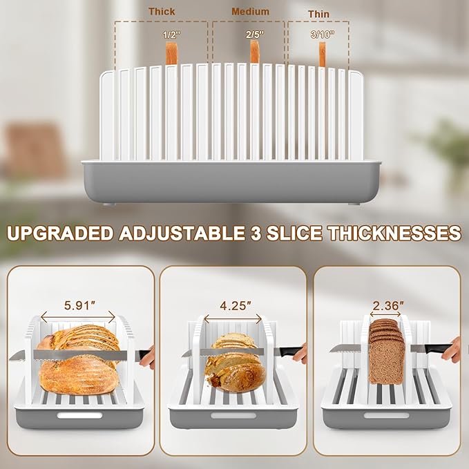 Kiss Core Upgrade Bread Slicer for Homemade Bread, Bread Slicer Guide Adjustable Width and Thickness, Foldable and Compact Cutting Guide with Crumb Tray, Suitability for Homemade Bread, Bagels, Cakes