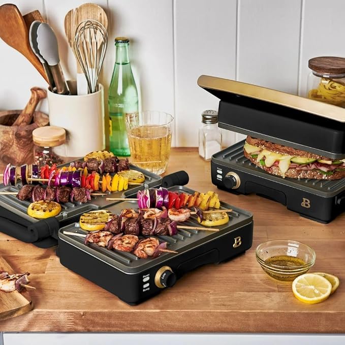 Panini Press Indoor Grill 1 2-in-1200W Non-Stick Removable Plates Sandwich Maker by Drew Barrymoree. (Black Seaseme)