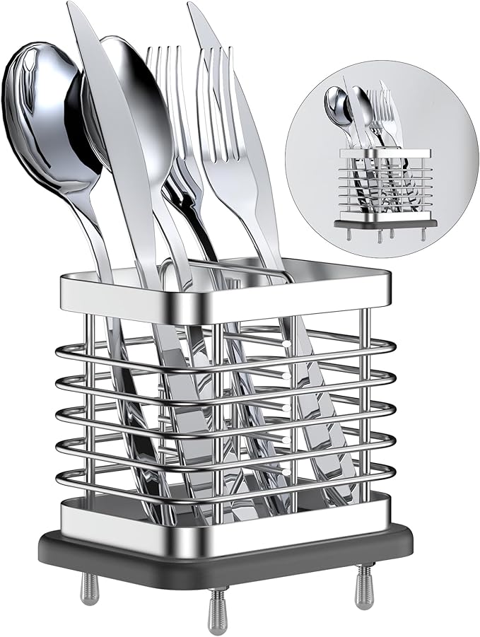Utensil Holder for Kitchen Counter, Small Stainless Steel Cutlery Holder Organizer with Drying Diatomaceous Earth Base, 2 Slots Utensil Drying Rack Spoon Fork Organizer Crock Storage, Sliver