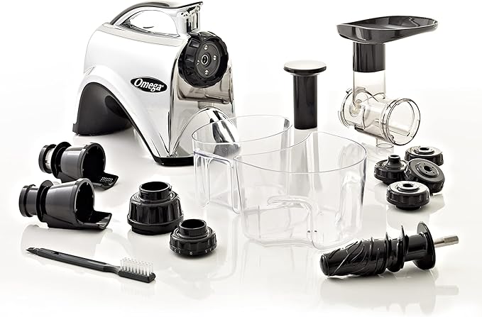 Omega Juicer Premium Vegetable and Fruit Juice Extractor and Nutrition System Makes Nut Milks Baby Food and Sorbets, Adjustable Pressure Settings 80-RPM Slow Masticating Juicer, 150-Watts, Silver