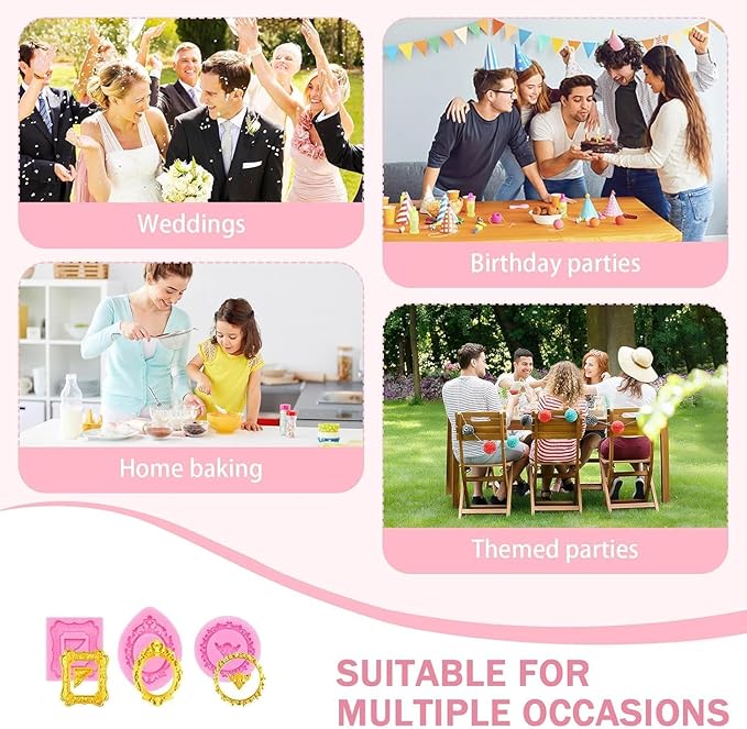 9 PCS Picture Frame Fondant Silicone Molds Frame Chocolate Silicone Molds Vintage Style Photo Frame Moulds for Cake Decorating Cupcake Topper Chocolate Candy Polymer Clay