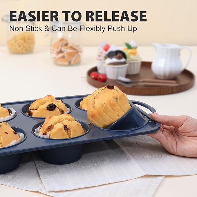 2 Pack Jumbo Silicone Muffin Pan with Metal Frame, Non Stick Silicone Cupcake Pan with Handles 6 Cup, BPA Free Silicon Muffin Tin Tray Extra Large for baking, egg bites, Cupcake Mold Grey