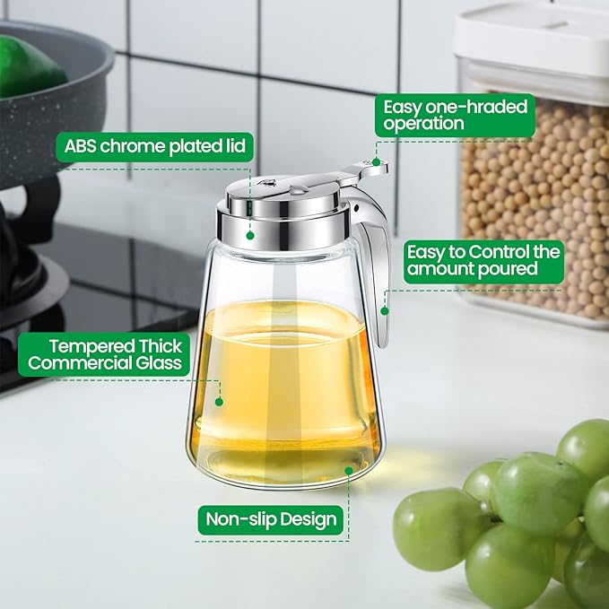 Mimorou Syrup Dispenser Set of 6 Glass Bottle Honey Maple Syrup Pitcher with Retracting Spout Plastic Lid Containers for Restaurants Sugar Pancake Coffee, 12 oz