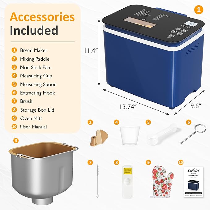 21-in-1 Programmable Bread Machine, 2.2LB Break Maker with Nonstick Pan & Digital Touch Panel, 3 Loaf Sizes 3 Crust Color, Keep Warm & 15H Timer, Bread Making Kit & Breakfast Maker, Blue
