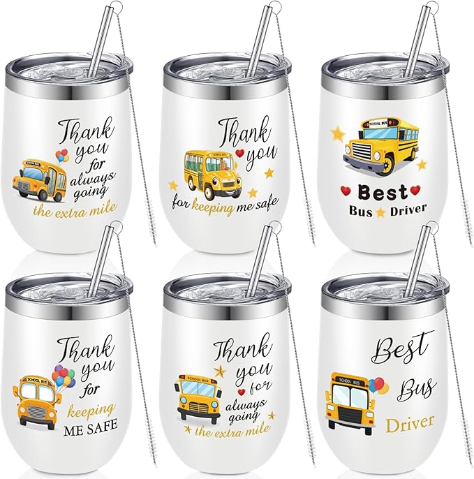 Layhit 6 Pcs School Bus Driver Appreciation Gift Cups Bulk Graduation Gifts for Bus Driver Tumblers 12 oz Stainless Steel with Lids and Straw Back to School Drivers Appreciation Gifts