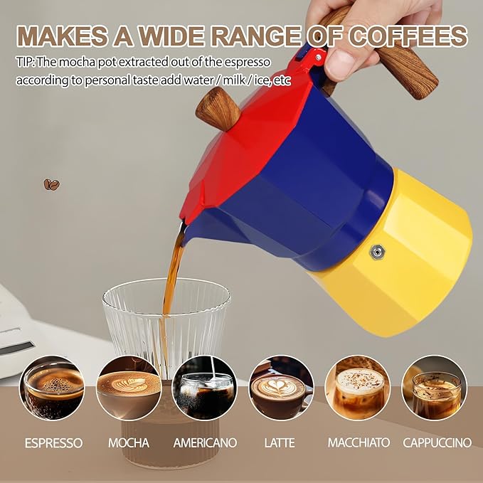 Aluminum 6 Cup 300ml Moka Pot Express Coffee Maker Stovetop Espresso Colorful Coffeemaker Italian Classic Style Brewing Greca Cafe Mocha Machine for Cafeteras Lover Camping Travel and Home Use 10oz