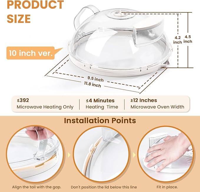 Gracenal Microwave Food Cover, 10 Inch Microwave Splatter Cover with Water Steamer and Integrated Handle, Clear Splatter Guard Microwave Cover for Food, White Cookware Lid Gifts for Mom