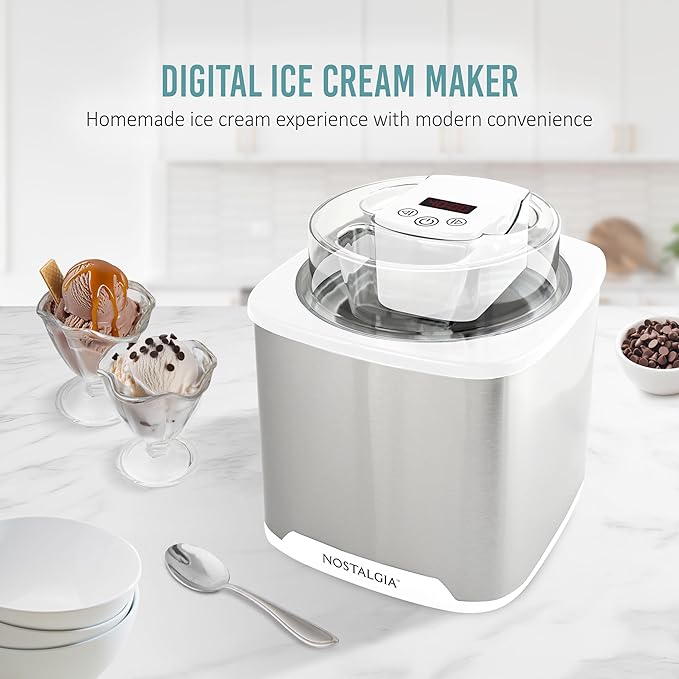 Nostalgia 2-Quart Electric Ice Cream Maker – Make Homemade Ice Cream, Gelato, Sorbet & Frozen Yogurt – No Salt/Ice Needed, Digital Controls, Mix-In Chute & Freezing Gel Canister – Stainless & White