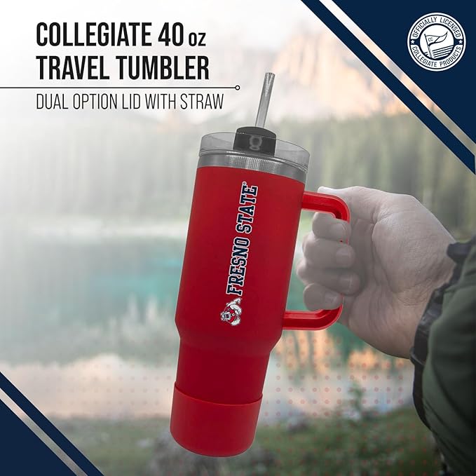 Campus Colors College & University 40 oz Travel Tumbler With Handle - Dual Option Lid With Straw - Vacuum Insulated Stainless Steel (Fresno State Bulldogs - Red)