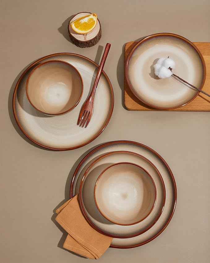 16 Piece Double Bowl Plates and Bowls Sets, Ceramic Dinnerware Sets with Pasta Bowls, Dishwasher & Microwave Safe Dish Set, Scratch Resistant Stoneware Plate Set, Service for 4 Brown Yellow