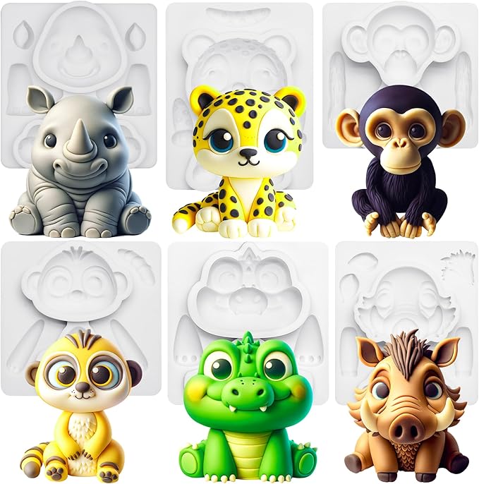 Fondant Molds Safari Animal Cake Topper 6-count Kit Leopard Mongoose Chimpanzee Crocodile Rhinoceros Warthogs