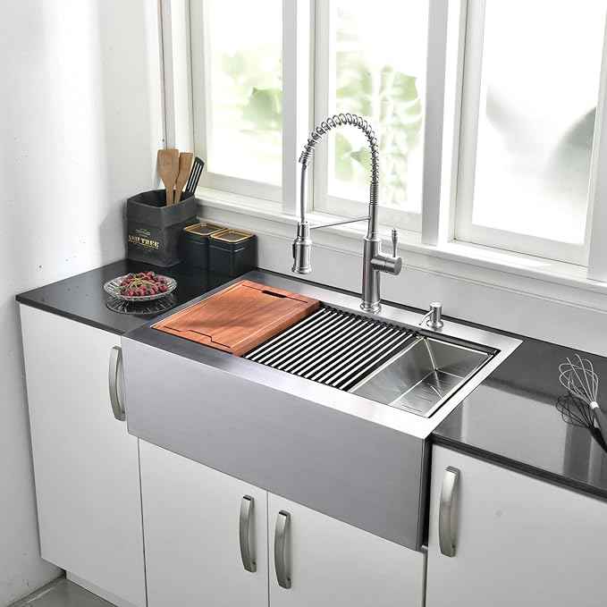33 Inch Farmhouse Drop In Kitchen Sink Workstation - 33X22 inch Apron Front Kitchen Sink Workstation Single Bowl 16 Gauge Stainless Steel Farm Sink