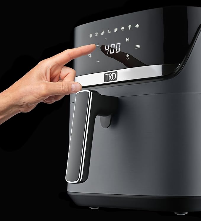 TRU 6-Quart Digital Air Fryer by Select Brands - Family Size, One-Touch Control, 8 Presets - Air Fry Chicken, Meat, Veggies, Fries - Nonstick Pot and Crisping Tray, Auto Shut Off, Matte Gray