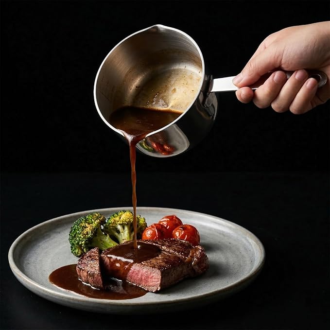 0.5 Quart 18/10 Tri-Ply Stainless Steel Butter Melting Pot, 500ml Silver Butter Warmer Measuring Pan Small Sauce Pan with Dual Pour Spouts for Milk, Coffee, Tea, Soup Warming & Measuring