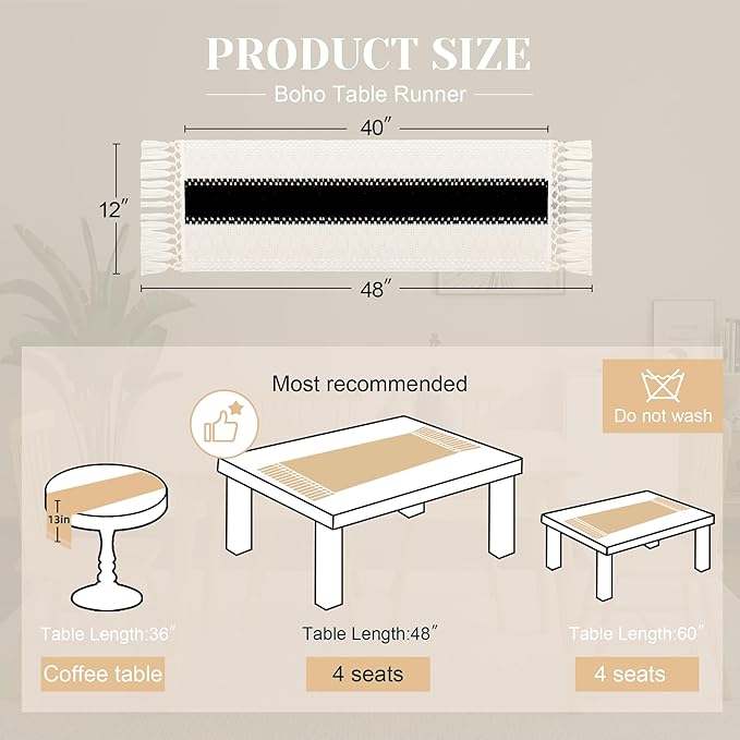 FEXIA Boho Table Runner for Home Decor with Tassels 48 Inches Long,Black Farmhouse Rustic Table Runner Macrame Burlap Table Decoration for Living Room Bridal Shower(12x48 Inches)