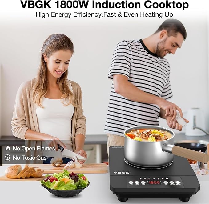VBGK Single Burner Induction Cooktop,1800W Portable Induction Cooktop,110V Hot Plate with LCD Sensor Touch, 7 Temp Levels up to 518°F, Safety Lock, 4-Hour Timer, 9 Heat-Resistant Cooking