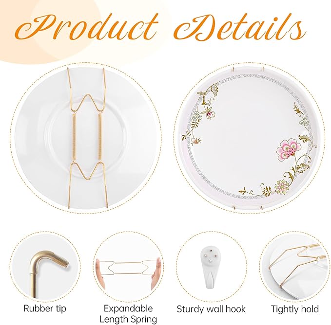 3 Pack Plate Hangers for The Wall, Suitable for 8-10 inch Art Plate, Stainless Steel Invisible Heavy Duty Wire Plate Holder with Wall Hooks, Plate Hangers for Displaying Plates, Platter, Dish, Gold