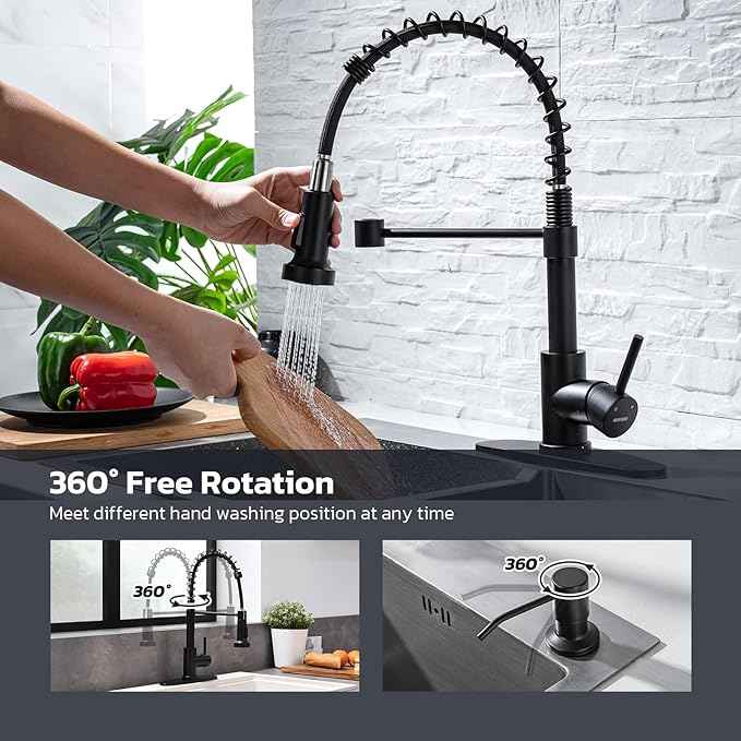 WEWE Black Kitchen Faucet with Soap Dispenser, Kitchen Sink Faucet with Pull Down Sprayer Stainless Steel Single Handle High Arc Pull Out Matte Black Faucet for Bar Laundry RV Utility