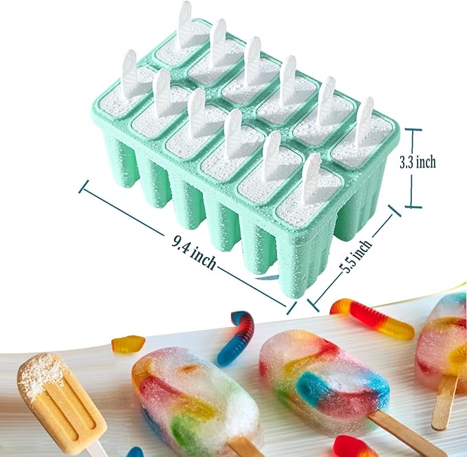 2 Sets of 12 Cavity Silicone Popsicles Molds with Brush 100 pcs Sticks Blue Green