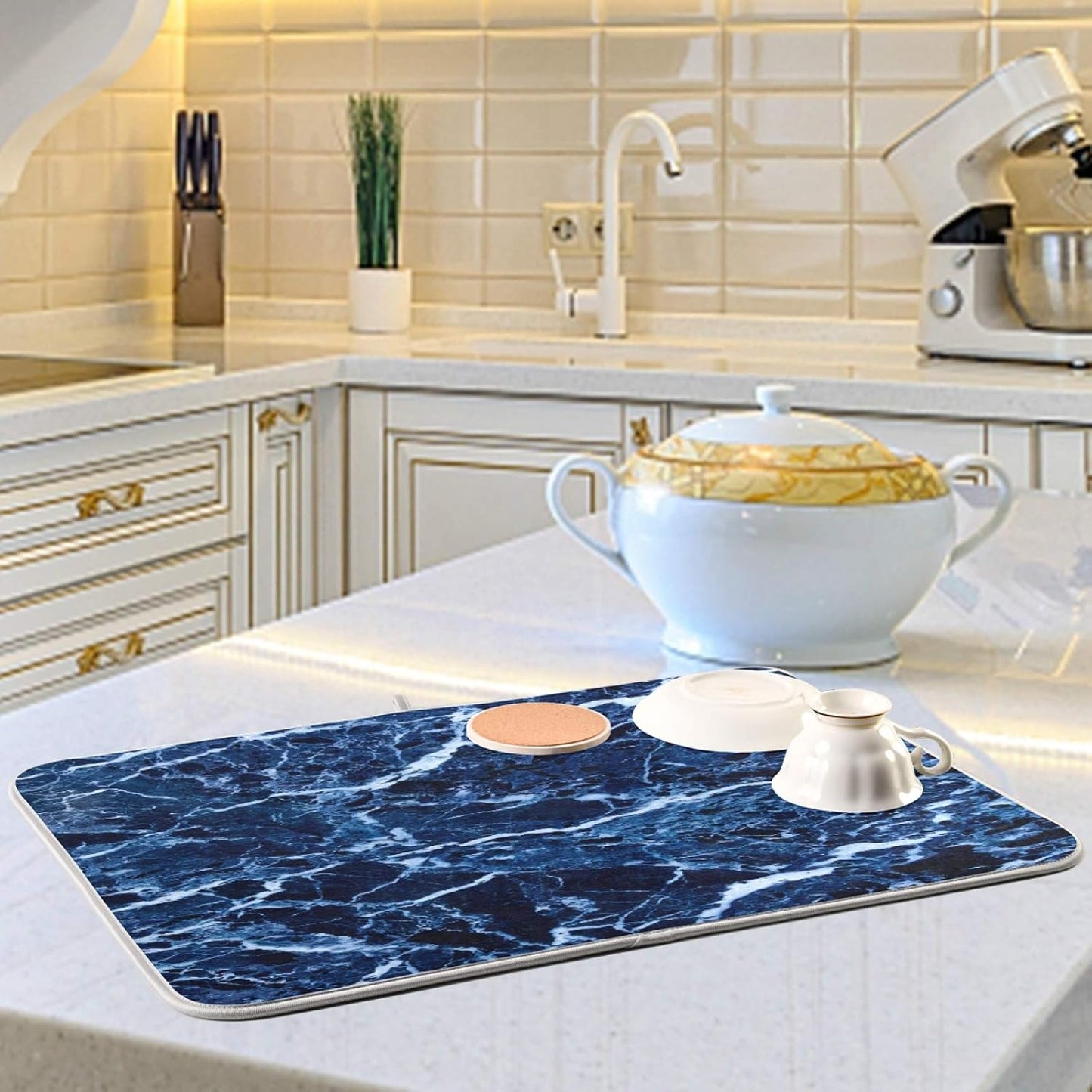 Super Absorbent Dish Drying Mat, Microfiber Fast-Drying Dish Mat, 24" x 18, Kitchen Dish Drying Pad, Navy Blue Marble…