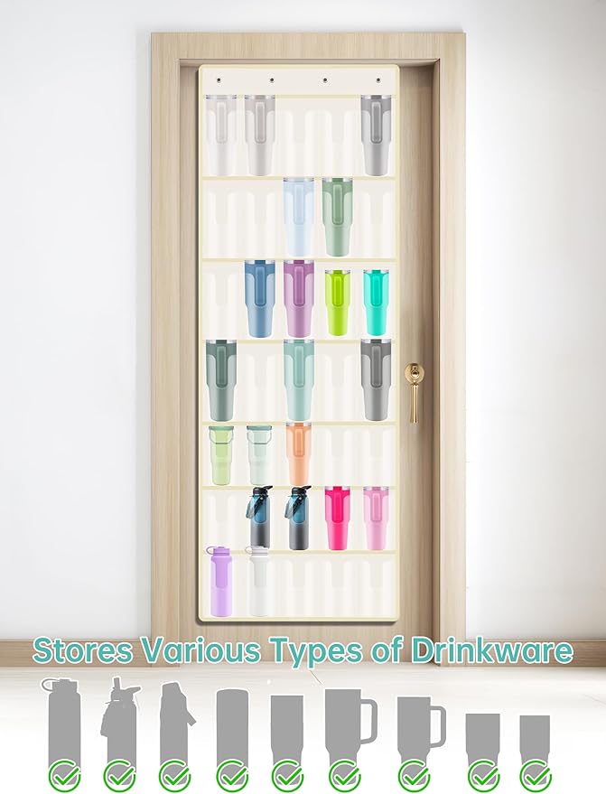 NiHome 35 Pockets Door Hanging Organizer for Large Stanley 30oz 40oz Tumblers with Handles, Deep Clear Pockets with Handle Slots, Waterproof Oxford Fabric for Kitchen, Cabinet, Pantry, Closet (Beige)