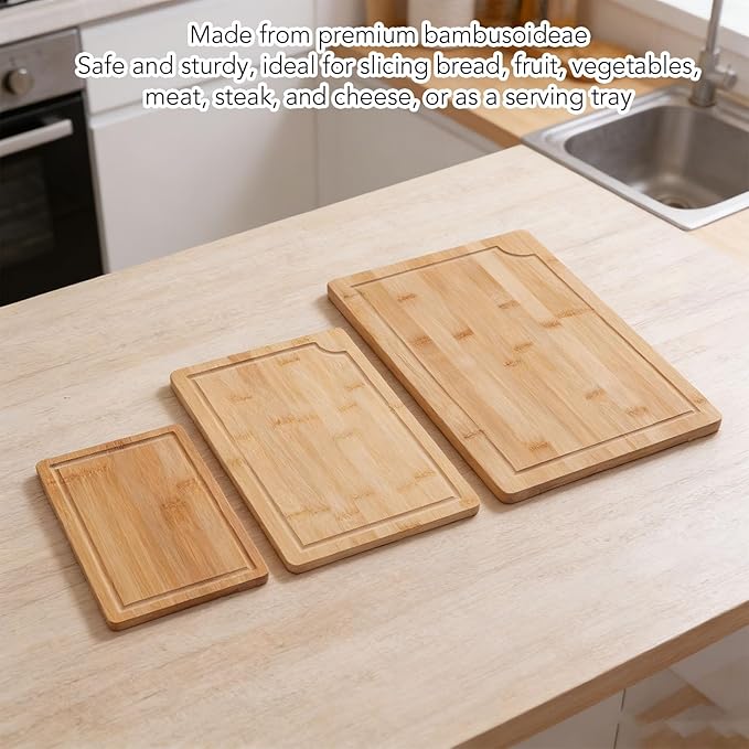 Chopping Board,3Pcs Wooden Cutting Boards with Built in Handles Liquid Grooves for Kitchen Meat Vegetable