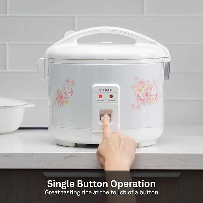 Tiger JNP-1800-LF 10 Cup Capacity White Rice Cooker with Non-Stick Inner Pot, Retractable Power Cord, and Keep Warm up to 12 hours (Flower)