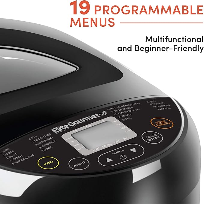Elite Gourmet Programmable Bread Maker, 2 lb Loaf, 3 Sizes, 19 Presets incl. Gluten-Free, Dough & Jam, Delay Timer, Black