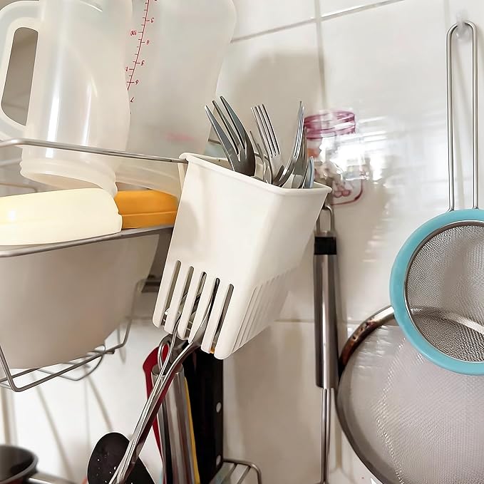 2PCS Silverware Drainer Drying Basket for Sink – Compact Kitchen Utensils Holder, Cutlery Storage Organizer with Cup, Dish Hanging Drain Rack for Forks, Spoons, Knives & Chopsticks (White, Plastic)
