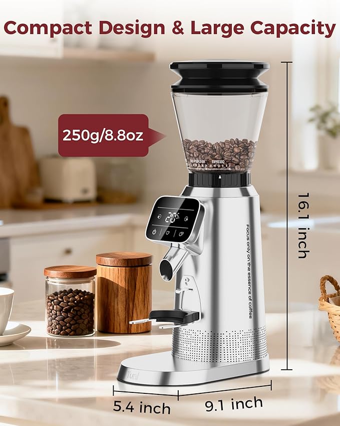 Tuni G2 Conical Burr Coffee Grinder, 70 Grind Settings Anti-static Burr Mill, Precision Electronic Timer and LED Touchscreen for Espresso/Drip/Cold Brew/French Press, Stainless Steel