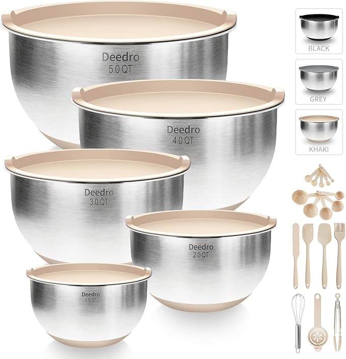Deedro Premium Mixing Bowls with Airtight Lids Set, 22Pcs Thicker Stainless Steel Mixing Bowl Set, Large Prep Metal Bowls, Non-Slip Silicone Base Nesting Bowls for Kitchen, 1.5/2/3/4/5 QT, Khaki