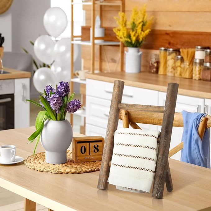 Cinnvoice 2 Pcs Wooden Tea Towel Ladder Rustic Hand Towel Stand Rack Mini Countertop Towel Stand Farmhouse Wood Counter Towel Holder for Bathroom Country Kitchen Office(Wood Color)
