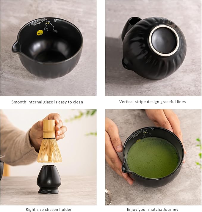 TANG PIN Premium Matcha Set - Traditional Japanese Matcha Making Kit with Spout Bowl (Chawan), Bamboo Whisk (Chasen) & Holder Stand - Complete Matcha Maker Starter Tools for Matcha Tea & Latt (Cat)