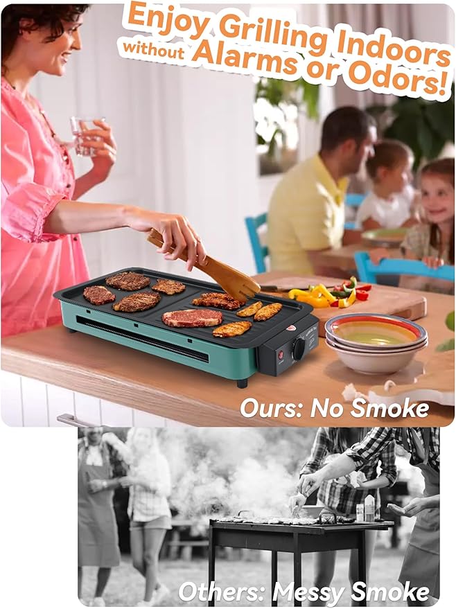 Indoor Grill Smokeless, 1700W Electric Grill Inside House for Kitchen Table, Apartment, Compact Korean BBQ Grill with Non-Stick Cooking Removable Griddle Plate, 7 Temperature Control, Dishwasher Safe
