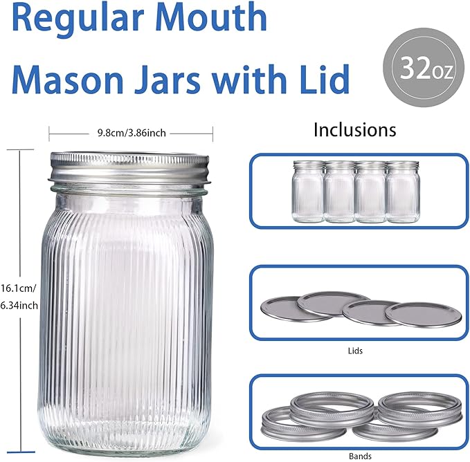 WELLIFE Clear Stripe Mason Jars 32oz-4Pcs