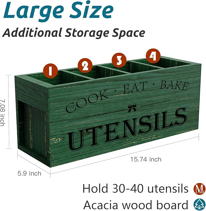 Suli Extra Large Kitchen Utensils Holder with 4 Compartments, Wooden Utensil Organizer for Kitchen Countertop, Farmhouse Decor, Rustic Cooking Utensil - Green grain