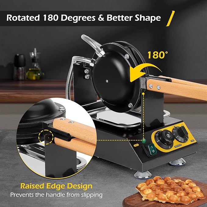 Dyna-Living Bubble Waffle Maker Commercial Bubble Waffle Machine, 1400W Egg Waffle Machine Non-stick Waffle Egg Maker with Crumb Tray, 30 Egg Cones Hong Kong Style Bubble Egg Waffle, 180° Rotating