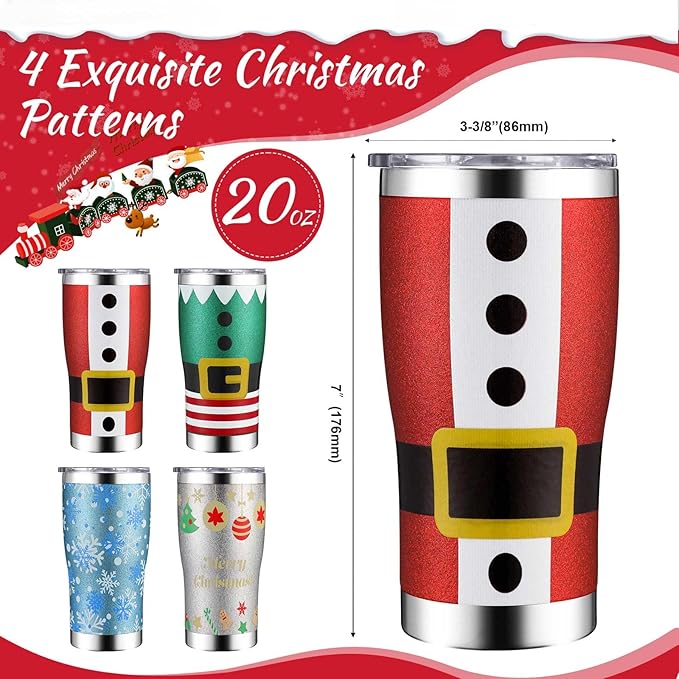 Sieral 4 Pack Christmas Glitter Tumbler Set 20oz Stainless Steel and Double Wall Insulated Travel Coffee Mug with Lid Straws and Brushes for Christmas Gift Friends