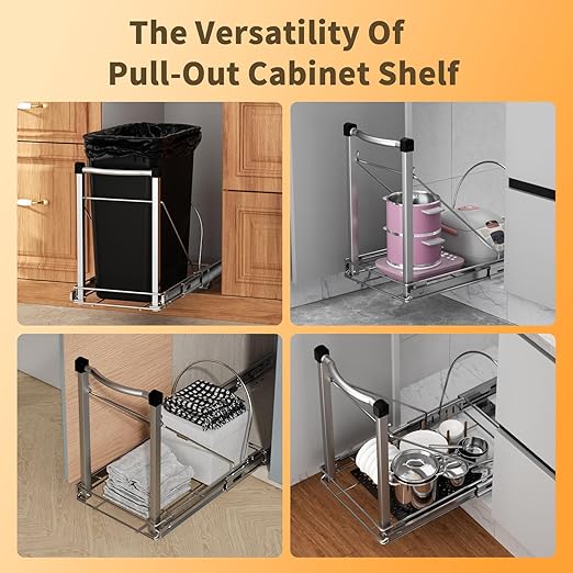 Adjustable Under Cabinet Trash Can Organizer with Soft Close Rail - Heavy Duty Silver Steel Under Sink Pull-Out Organizer, Fits 7-13 Gallon, Up to 125 lbs Capacity (Trash Can Not Included)